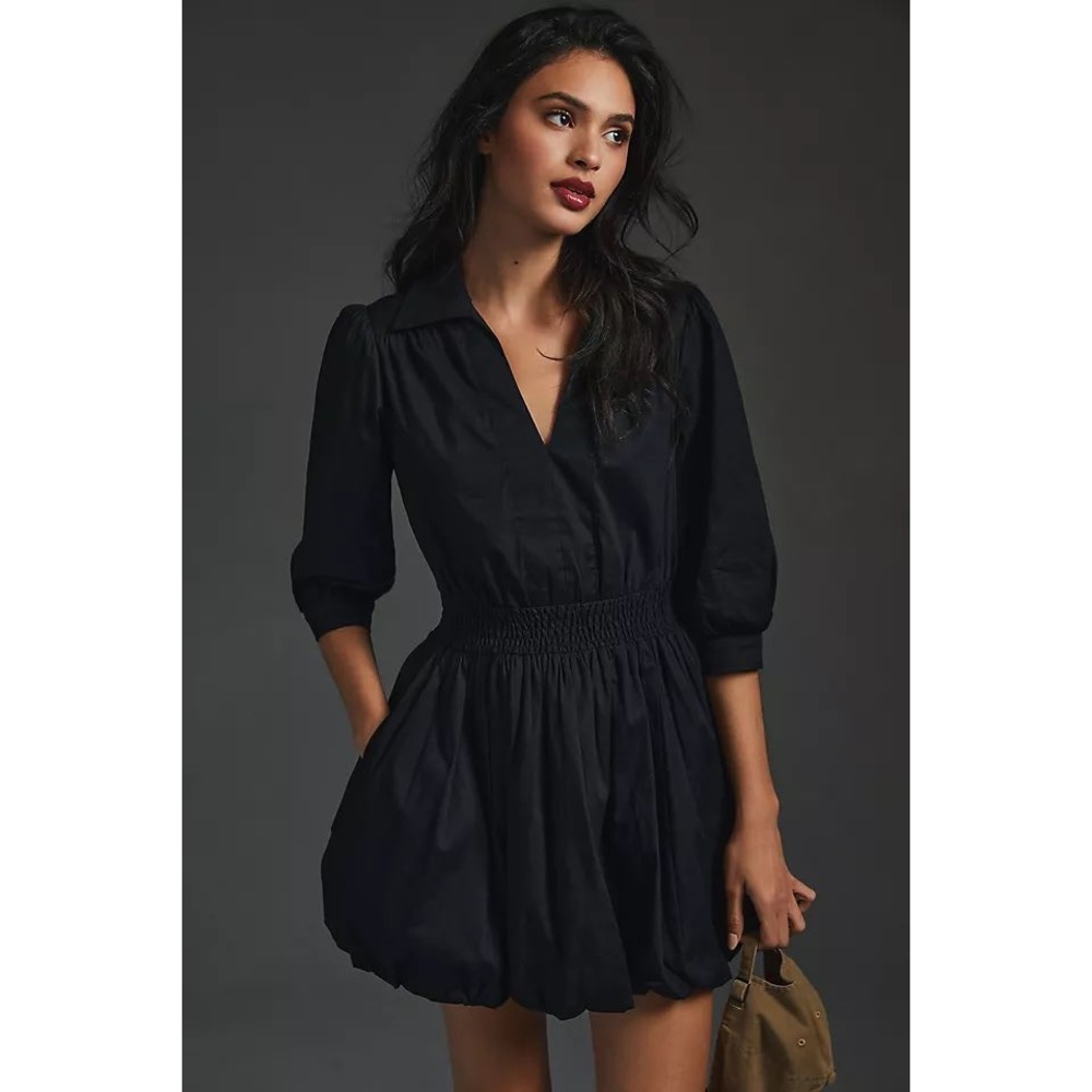 Porridge Anthropologie Black Poplin Bubble Hem Mini Dress V-Neck Smocked XL